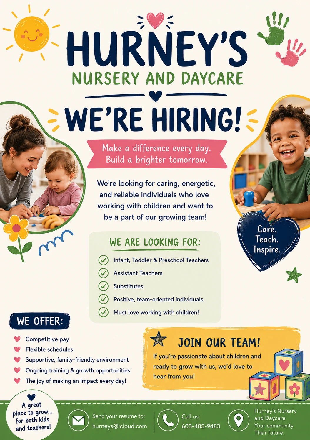 Hurney's Nursery and Daycare Hiring Flyer showing smiling children and caregivers